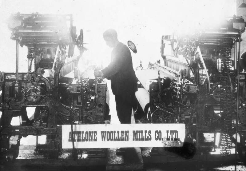 Athlone Woollen Mills, machines and man at work.