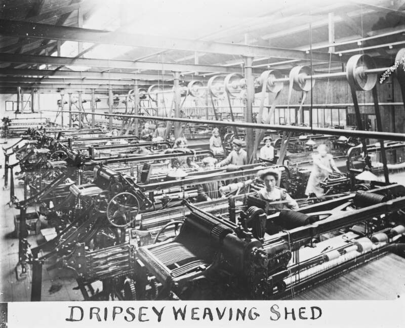 Dripsey Weaving Shed. Women, some men. Early machines.