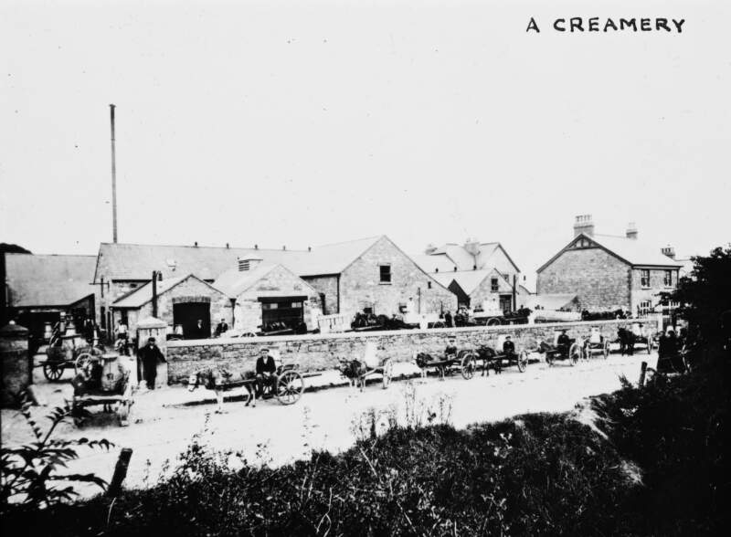 Maypole Dairy: 'A Creamery'. Men/carts/urns, delivery line.