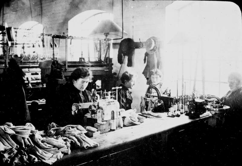 Smyth & Co. Women, 1 man: Weaving hosiery.