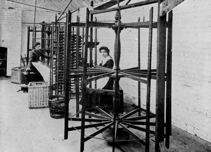 Atkinson's Poplin Factory. Early tech: 2 women Warping.