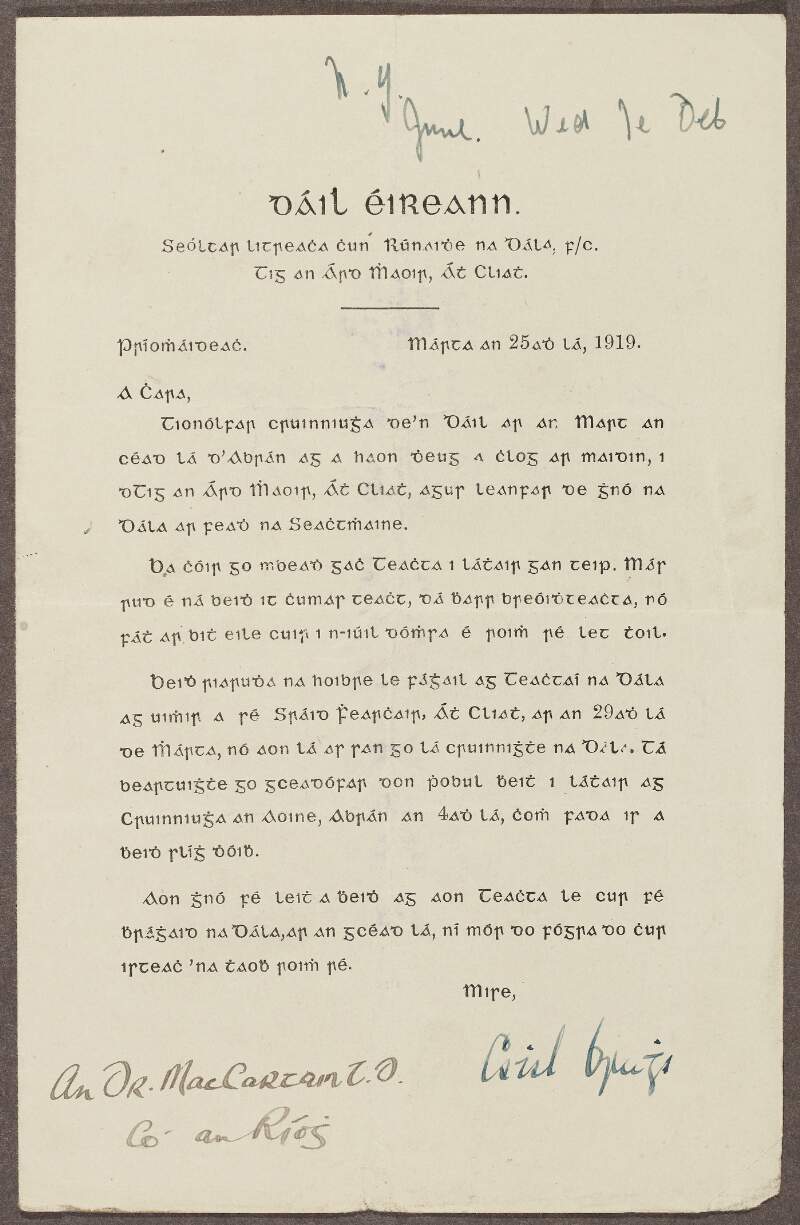 Circular from Dáil Éireann signed by Cathal Brugha, printed in Irish and dated 25th March 1919, addressed to Patrick McCartan in New York,