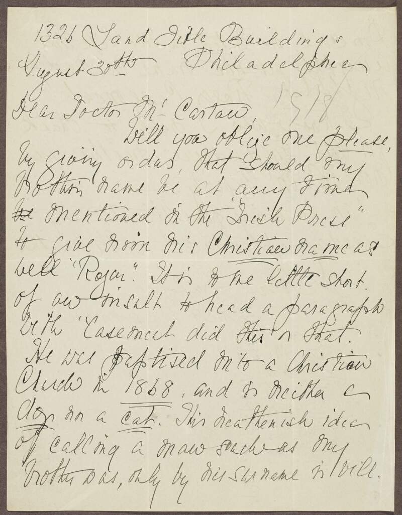 Letter from Agnes Newman, Philadelphia to Patrick McCartan, complaining about the way her brother Roger Casement was referred to in the 'Irish Press' newspaper,