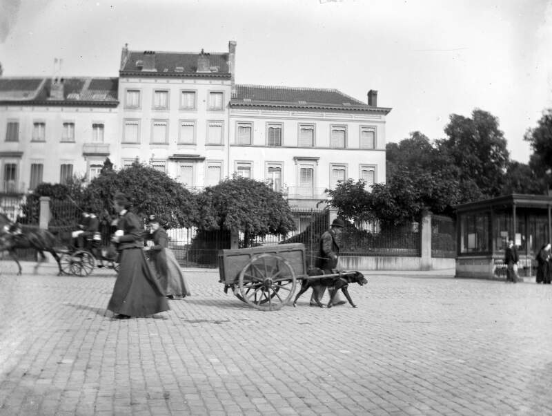 [Brussels, June 24th 1901, dog in small cart. Cobbled square in Brussels with passers-by. Also in view muzzled dog pulling small cart. Large house and railings in background.]