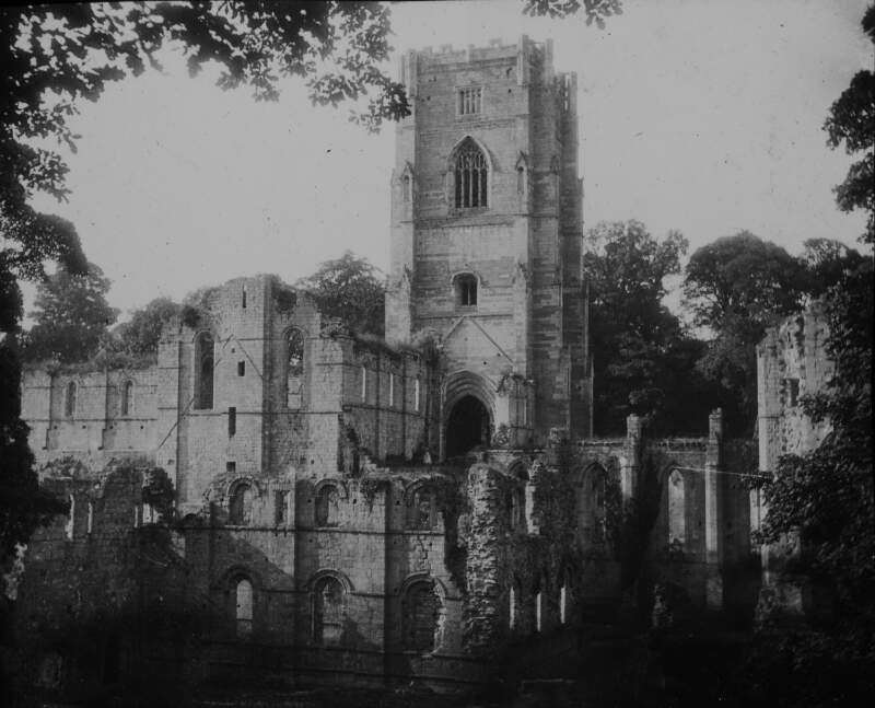 [Fountains Abbey. Large ruined abbey with many storey and levels, also showing large tower possibly English.]