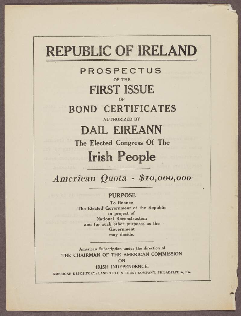 Propectus of the first issue of bond certicates authorized by Dáil Éireann,