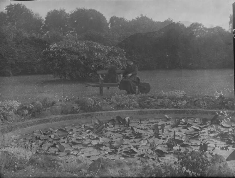 [Augusta Crofton Dillon seated on wheelbarrow seat beside dog, pond in foreground covered in lilies, trees and rhododendrons in background.]