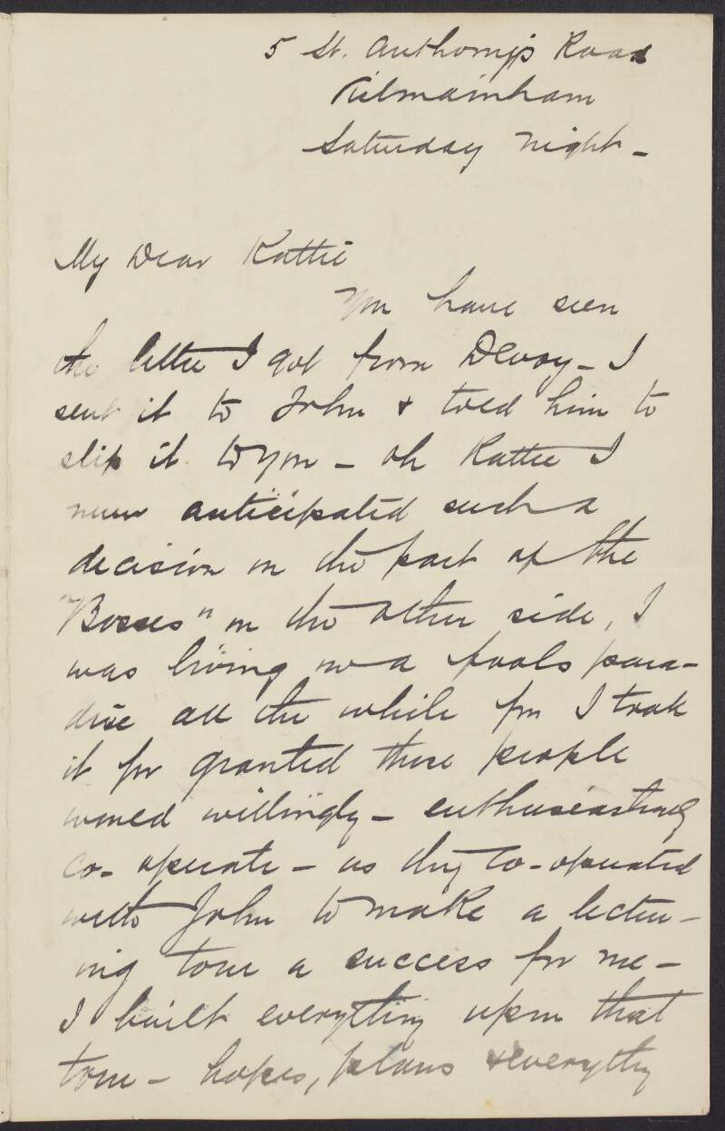 Letter from Tom Clarke, to Kathleen Daly, concerning his planned American lecture tour,