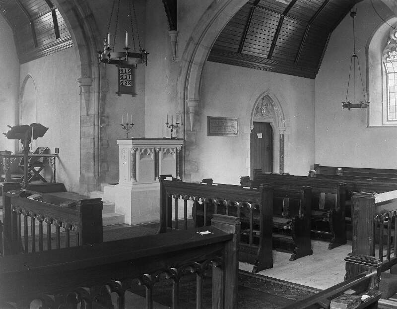 [Chapel, interior 1926. Interior of chapel showing alter, pews candelabras, plaques with inscription on walls. St Catherine's church was damaged in 1922 and repaired and reopened in 1926.]