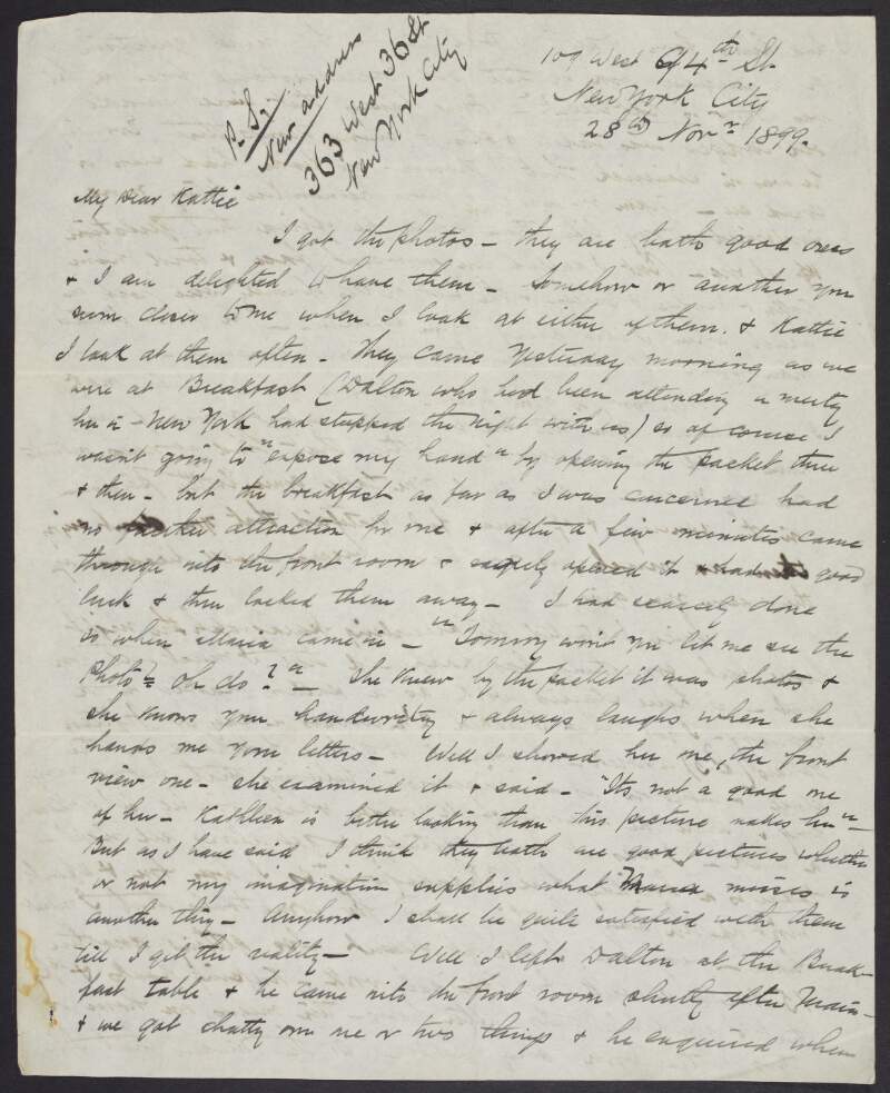Letter from Tom Clarke, to Kathleen Daly, concerning his having secured work in New York,