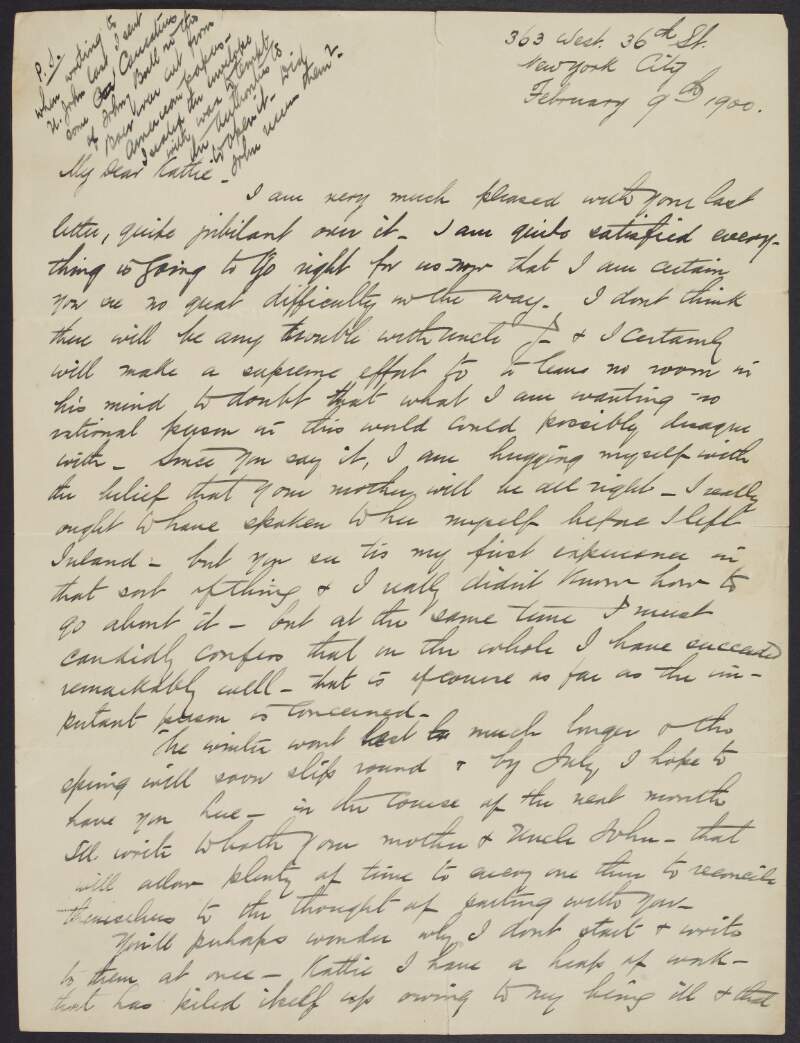 Letter from Tom Clarke to Kathleen Daly, written from 363 West 36th St., New York,