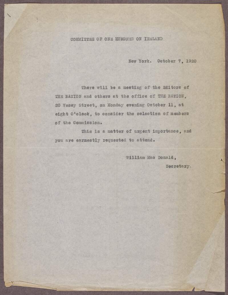 Copy of letter from William MacDonald, stating that there will be a meeting of the editors of 'The Nation' newspaper and others at the office of 'The Nation' to consider the selection of members of the Commission,