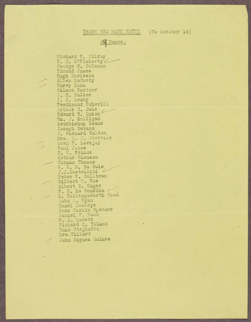 Lists of those who voted in the Committee of One Hundred on Ireland elections, including lists of members and copies of telegrams of acceptance,