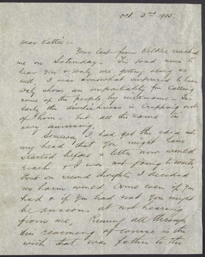 Letter from Tom Clarke to Kathleen Clarke, written from New York during her stay in Limerick,