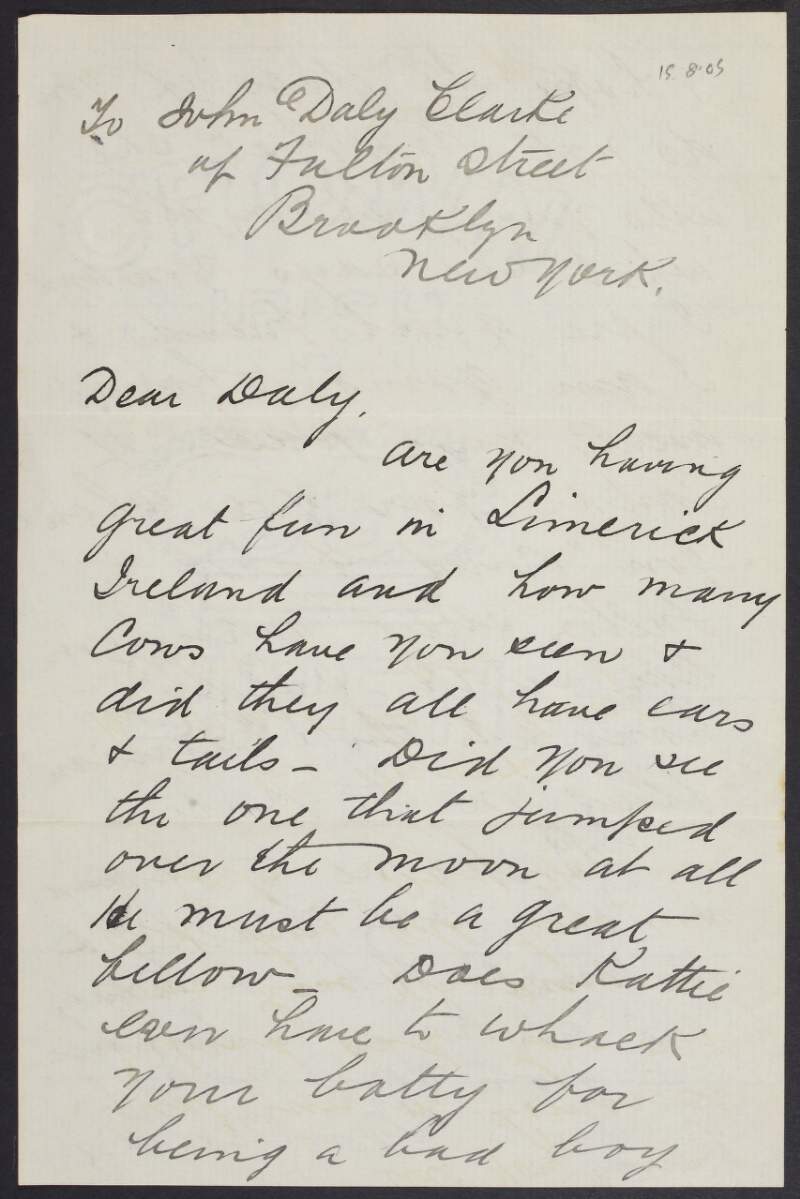 Letter from Tom Clarke, written from New York, to his son John Daly Clarke during his stay in Limerick,