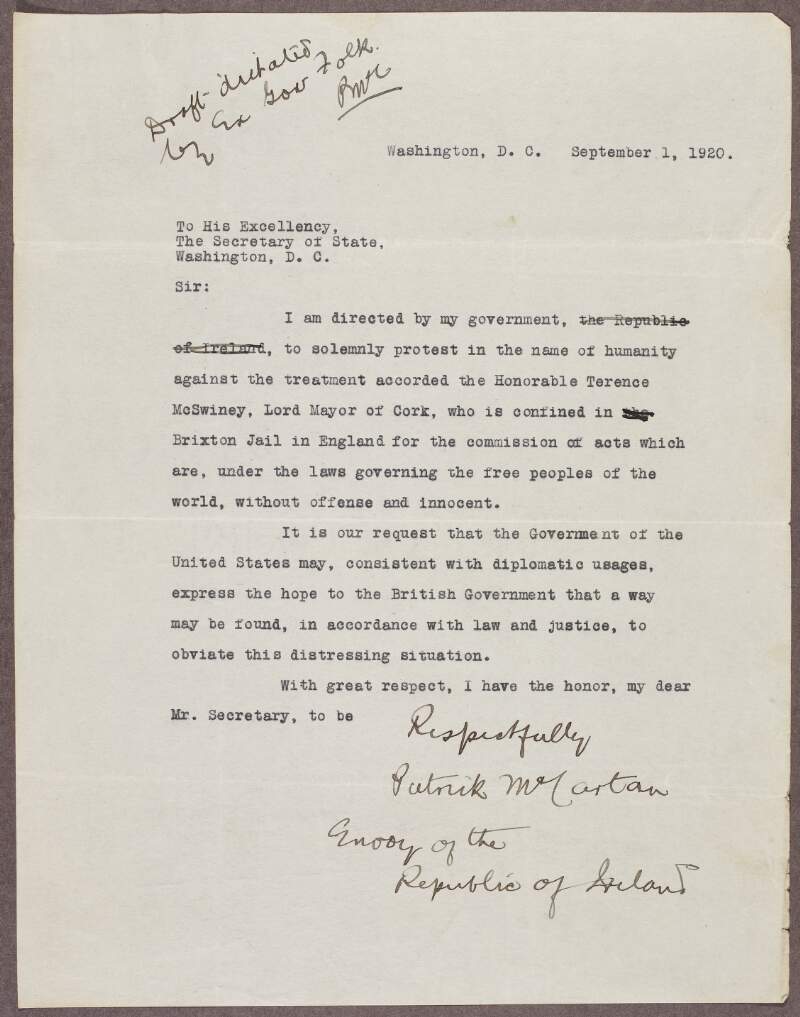Draft of letter from Patrick McCartan to Bainbridge Colby, Secretary of State, Washington D.C., regarding the imprisonment of Terence MacSwiney,
