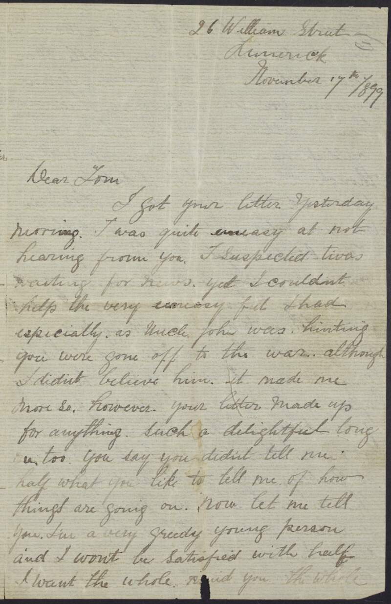 Letter from Kathleen Daly to Tom Clarke concerning his progress on moving to New York,