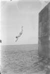 [Boy diving into sea from a high wall.]