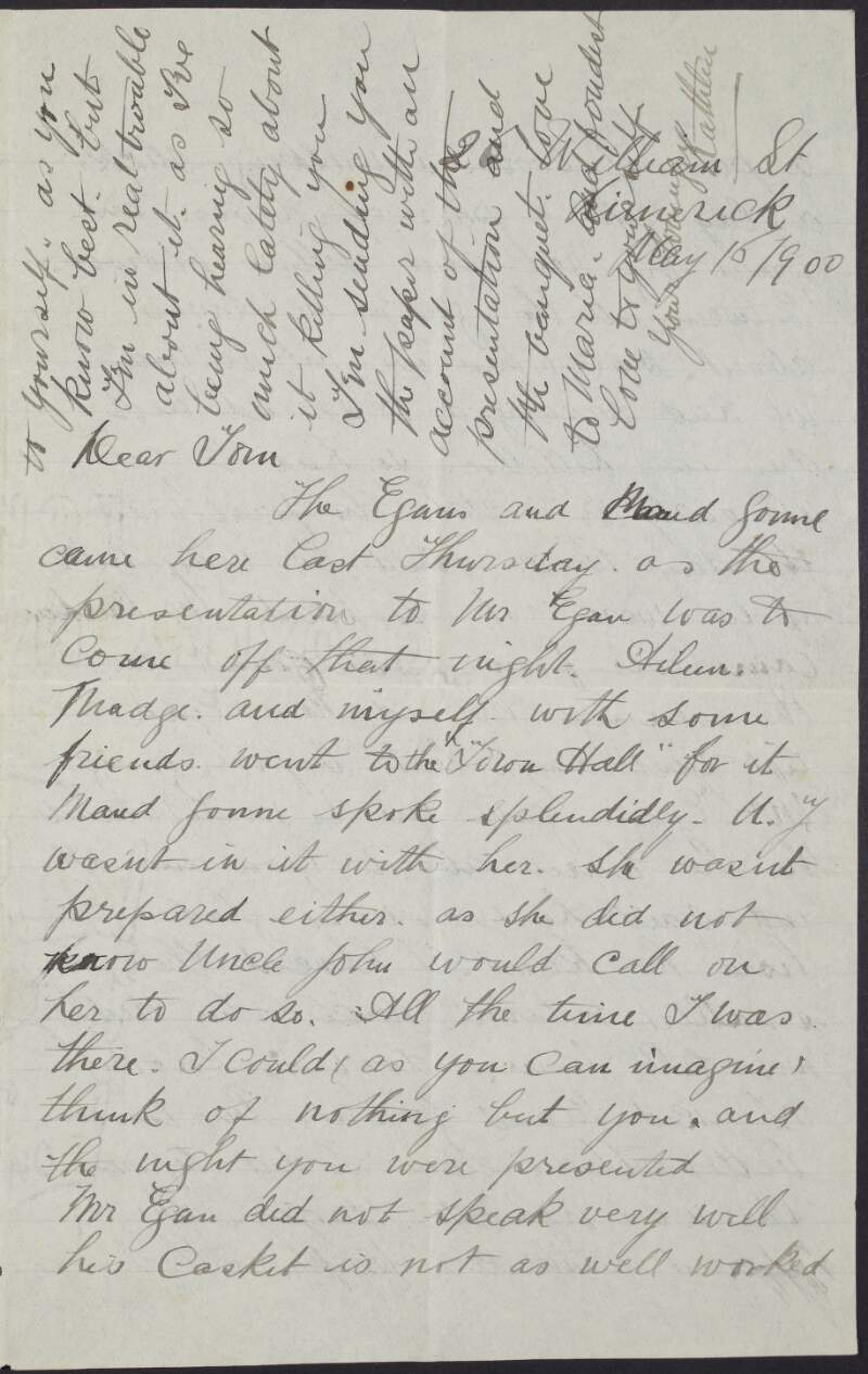 Letter from Kathleen Daly to Tom Clarke concerning a Limerick event in honour of the Fenian James Egan,