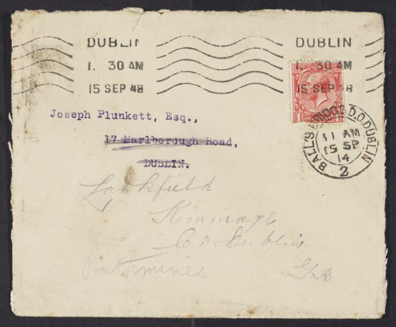Letter from Laurence J. Kettle to Joseph Mary Plunkett informing him that he has been chosen to draft a scheme for the formation of a motor cycle corps in connection with the Irish Volunteers,