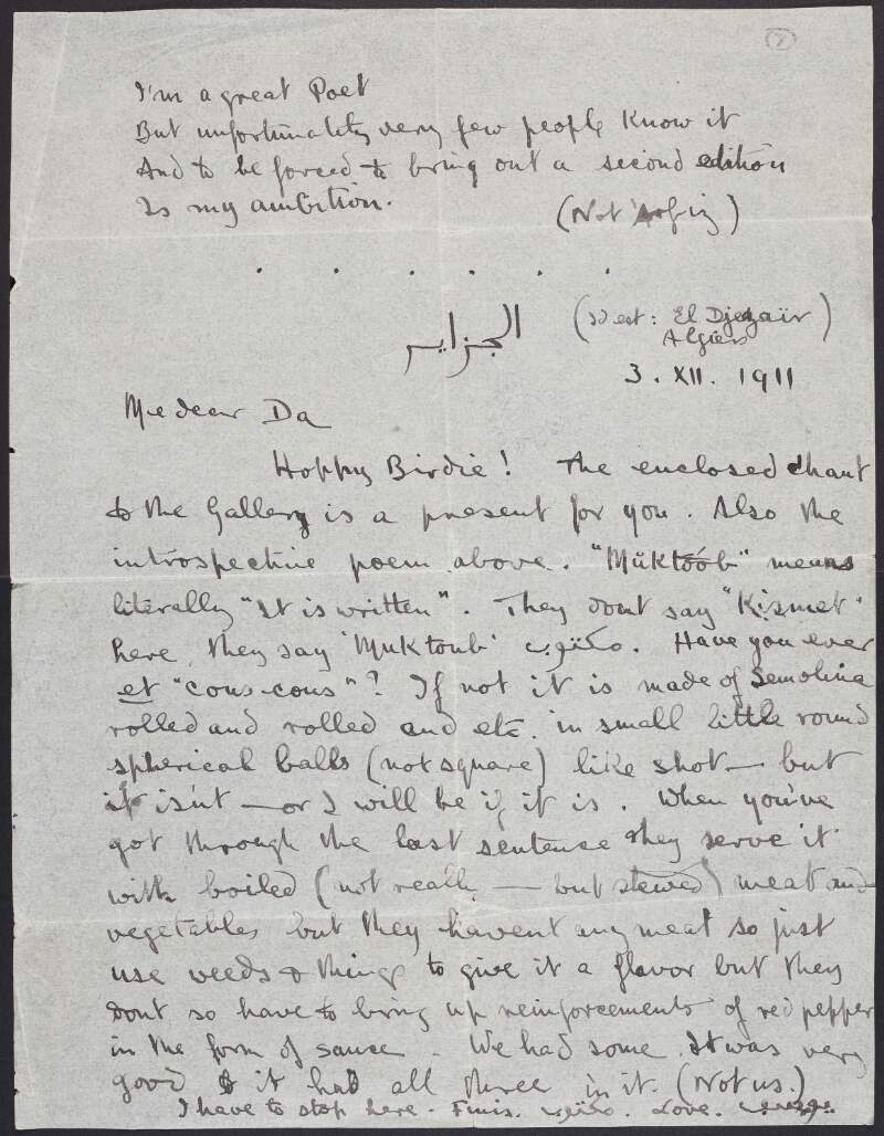 Letter from Joseph Mary Plunkett, Algiers, Algeria, to his father, George Noble Plunkett, about his stay in Algeria and learning Arabic,