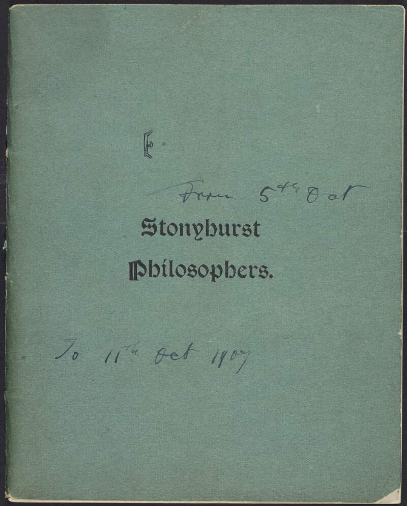 Exercise book 'Stonyhurst Philosophers' belonging to Joseph Mary Plunkett, containing poetic and literary reflections,