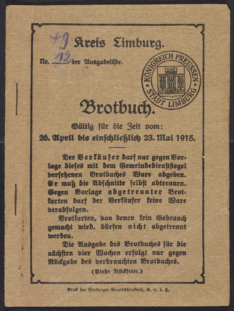World War One German ration book for the district of Limburg, Germany, issued to Joseph Mary Plunkett, with accompanying letter from the Officer in Command,
