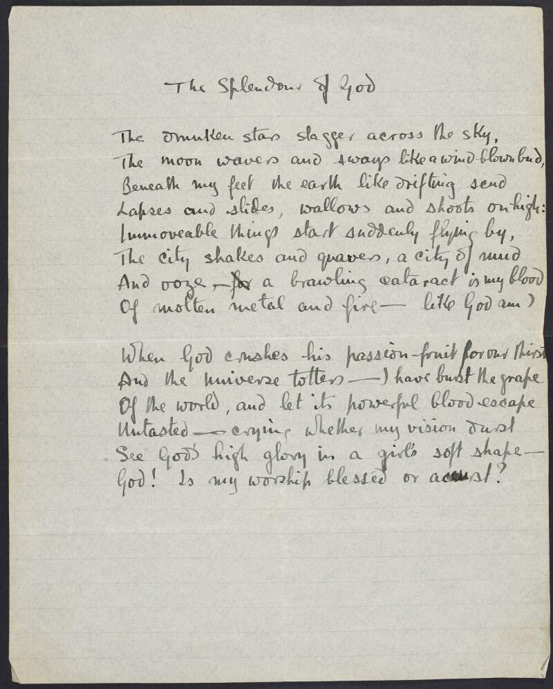 Draft of poem 'The Splendour of God' by Joseph Mary Plunkett,