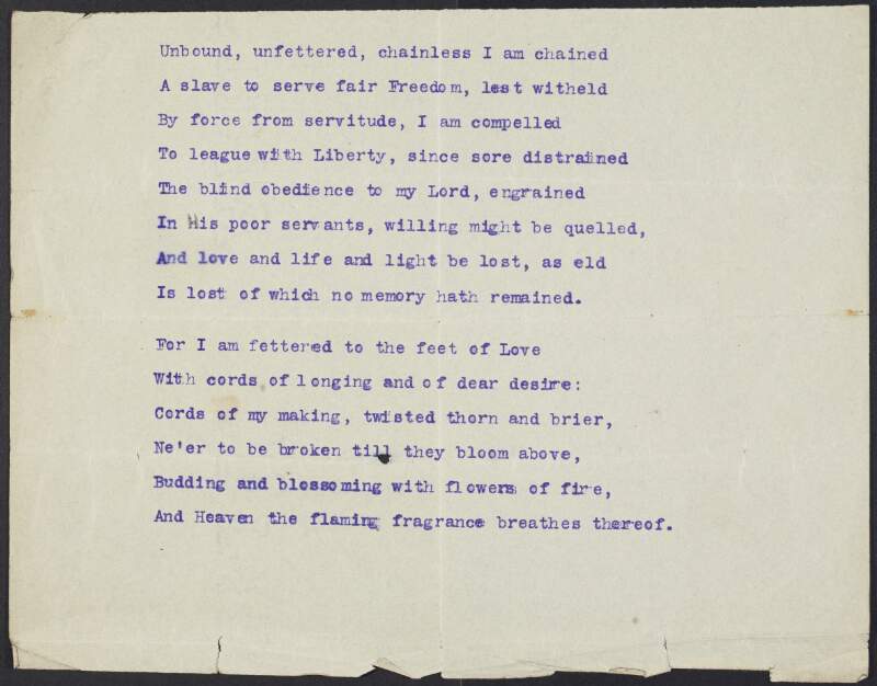 Draft of untitled poem by Joseph Mary Plunkett with the first line being "Unbound, unfettered, chainless I am chained",