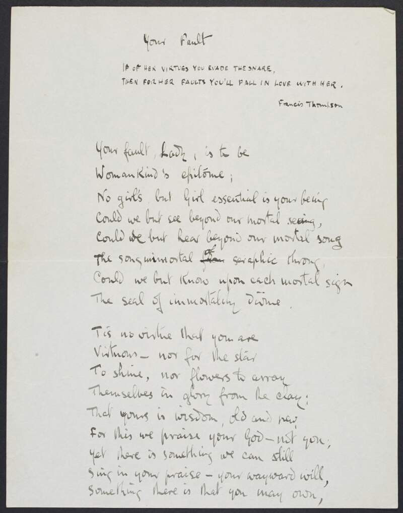Draft of poem 'Your Fault' by Joseph Mary Plunkett,