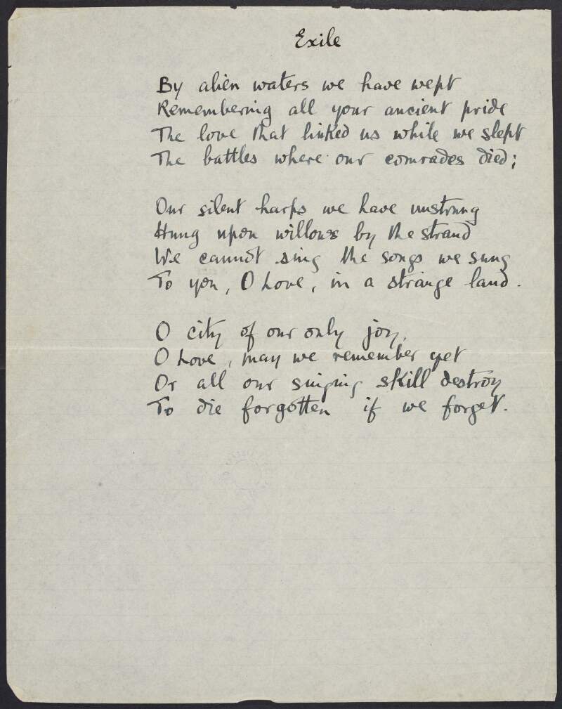 Draft of poem 'Exile' by Joseph Mary Plunkett,