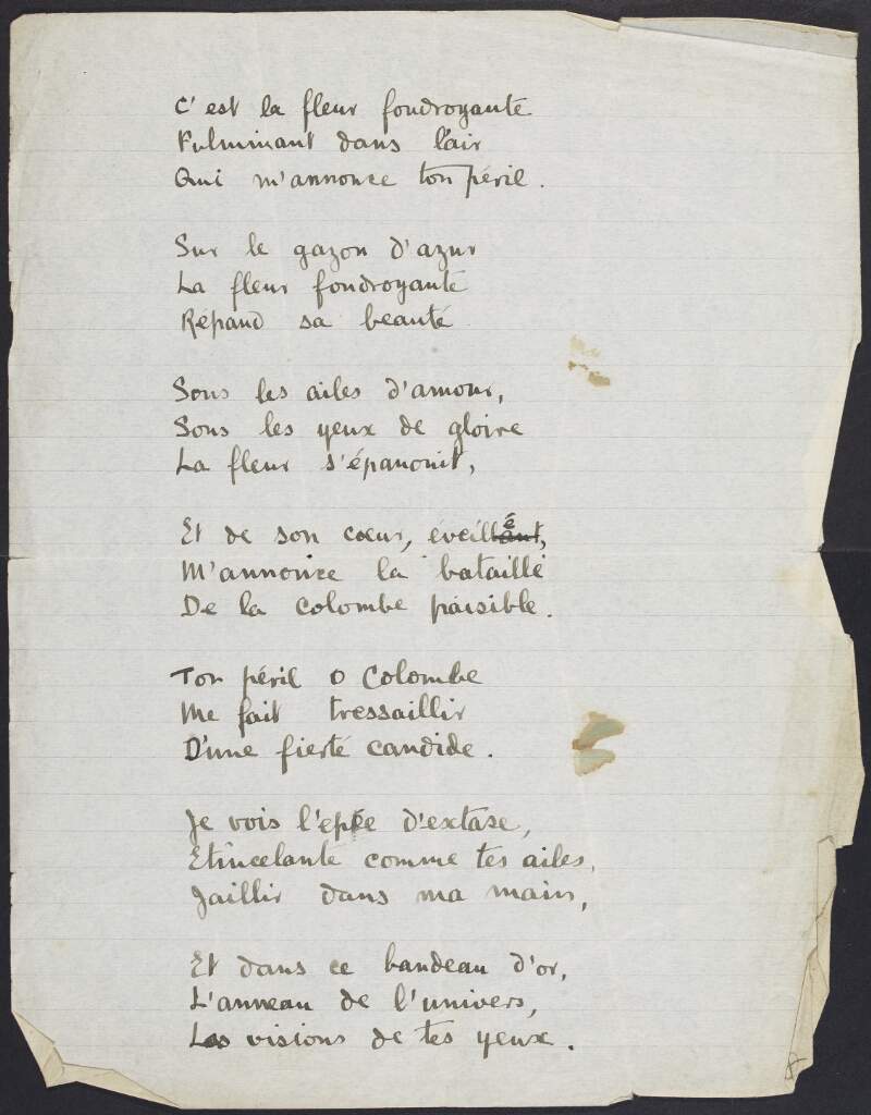 Draft of untitled poem in French by Joseph Mary Plunkett, beginning with the line "C'est la fleur foudroyante",