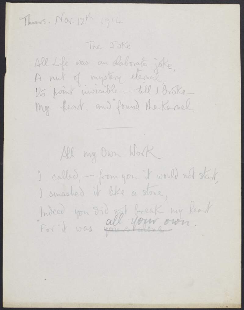 Drafts of poems 'The Joke' and 'All my Own Work' by Joseph Mary Plunkett,