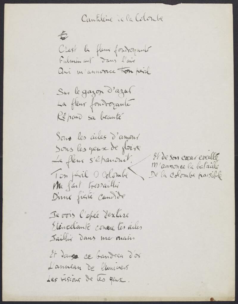 Draft of poem 'Cantilene de la Colombe' by Joseph Mary Plunkett in French,