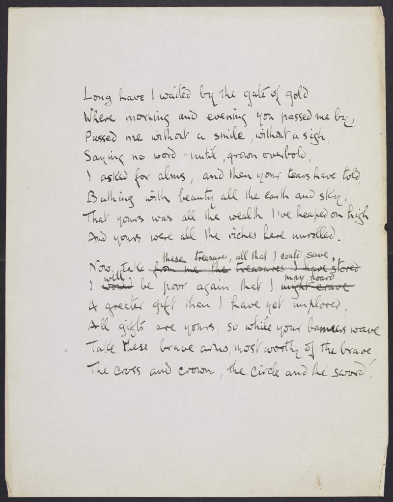 Draft of an untitled poem by Joseph Mary Plunkett, beginning with the line "Long have I waited by the gate of gold",