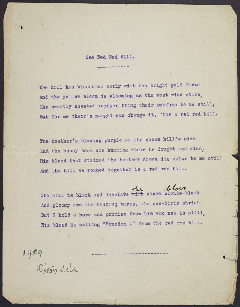 Draft of poem 'The Red Red Hill' by Joseph Mary Plunkett, Achill Island,