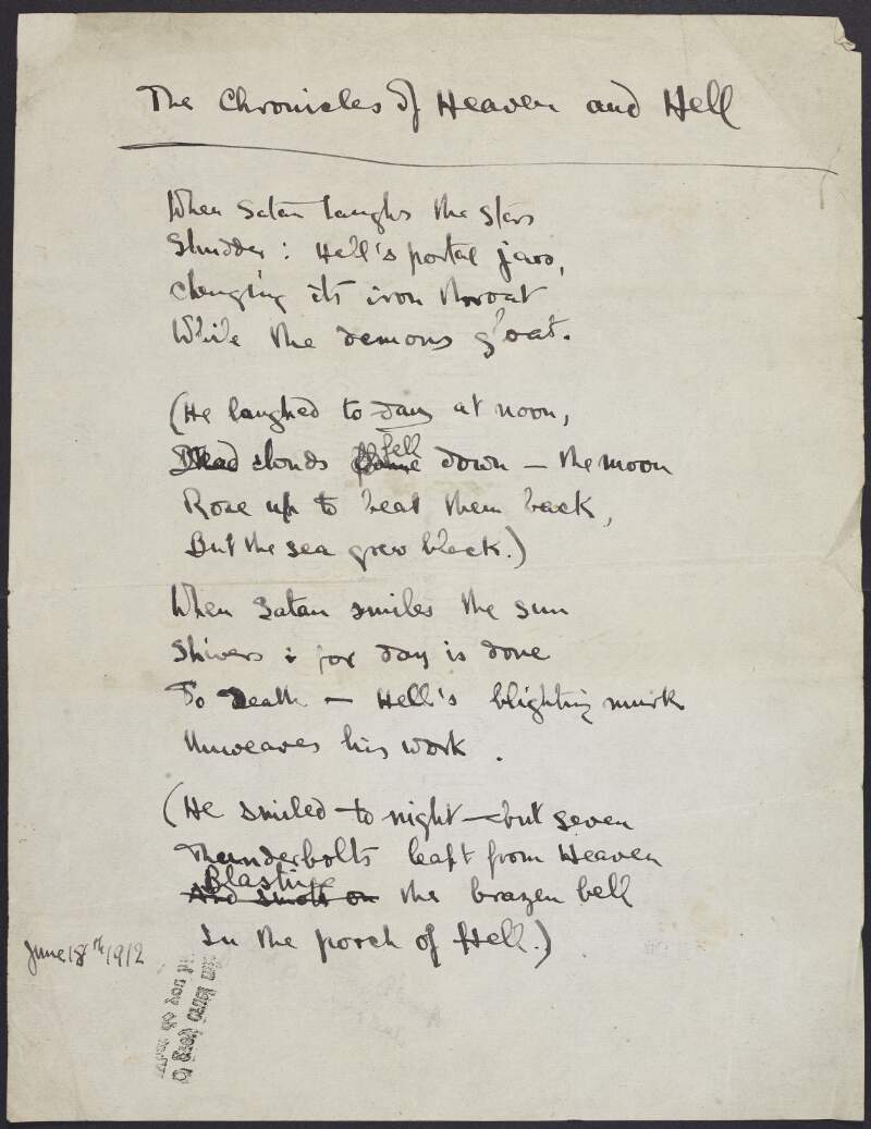 Draft of poem 'The Chronicles of Heaven and Hell' by Joseph Mary Plunkett,