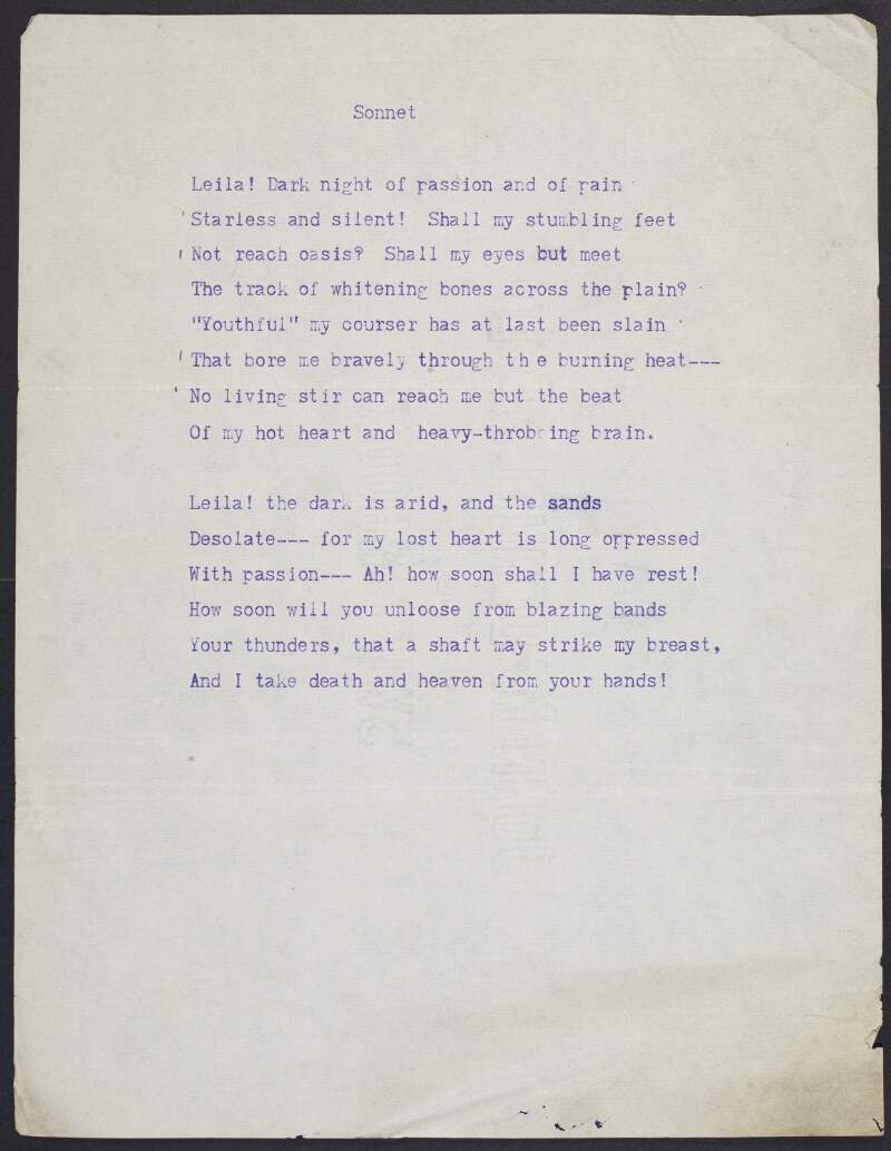 Draft of 'Sonnet' by Joseph Mary Plunkett, beginning with the line "Leila! Dark night of passion and of rain",