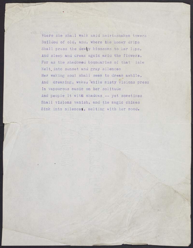 Draft of untitled poem by Joseph Mary Plunkett, beginning with the line "Where she shall walk amid heart-shaken towers",