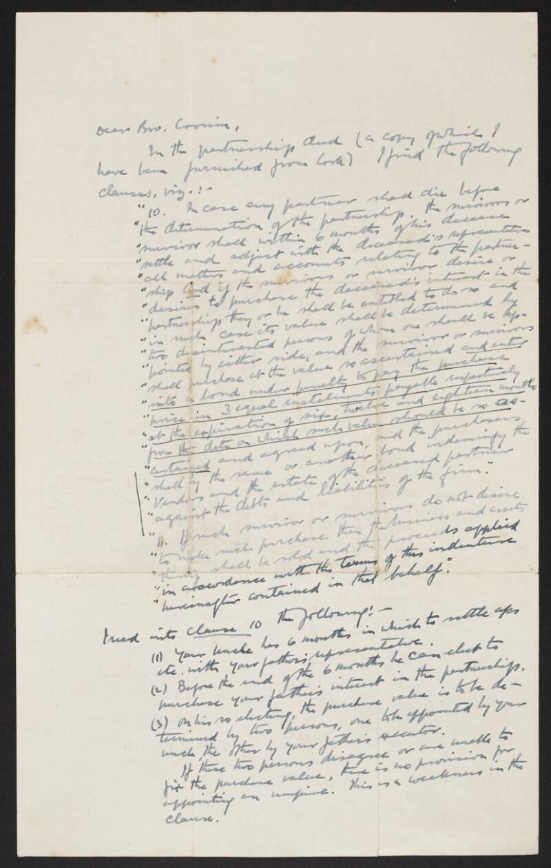 Letter to Fred Cronin from Diarmuid Fawsitt listing clauses relating to financial procedures and liabilities,
