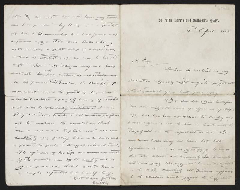 Letter from "Concubhar" [Fred Cronin] to Terence MacSwiney with regarding Alice Milligan, Cumann na nGaedhael, Wolfe Tone, the '67 movement, 1848, and reflections on John O'Leary,