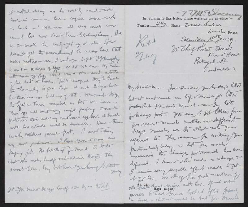 Letter from Terence MacSwiney, Lincoln Prison, England, to his sister Min [Mary MacSwiney] about his wife Muriel, and his concerns for Seàn Etchingham's health,