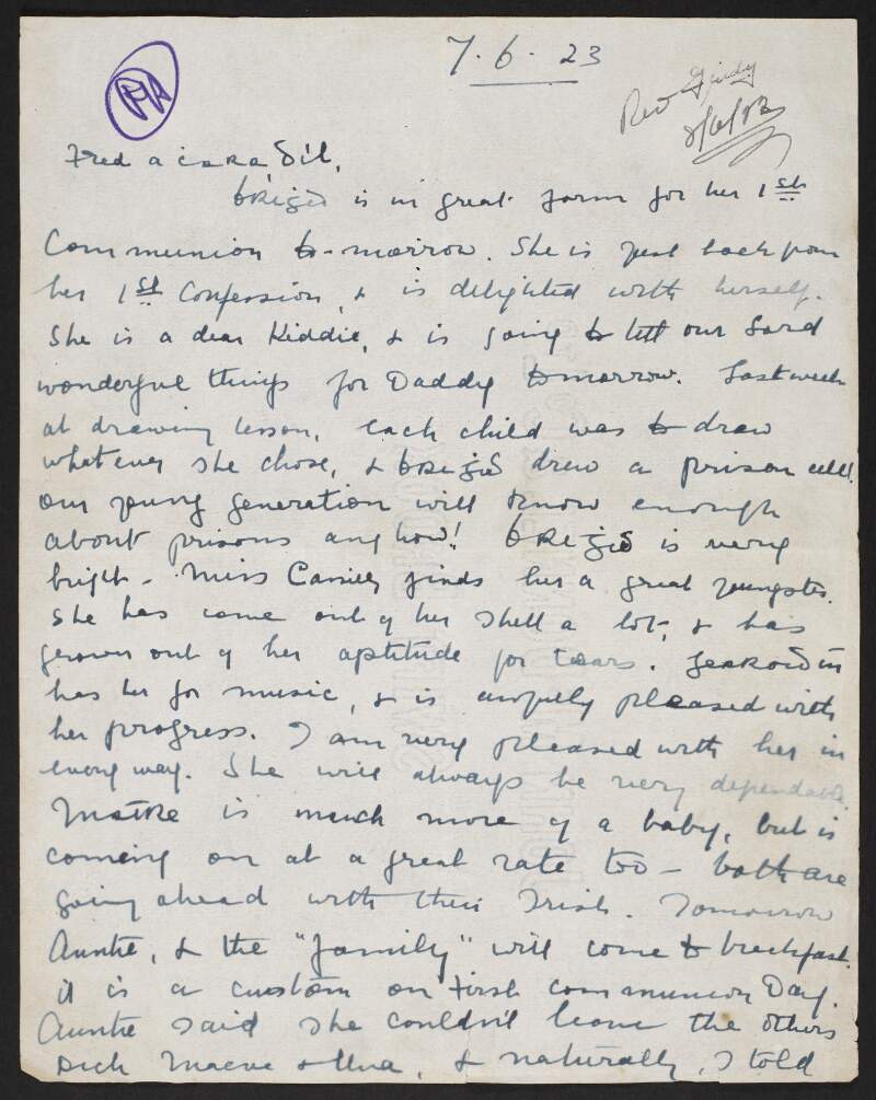 Letter from Annie MacSwiney to Fred Cronin, Hare Park internment camp, regarding Fred's daughter Brighid's First Communion,