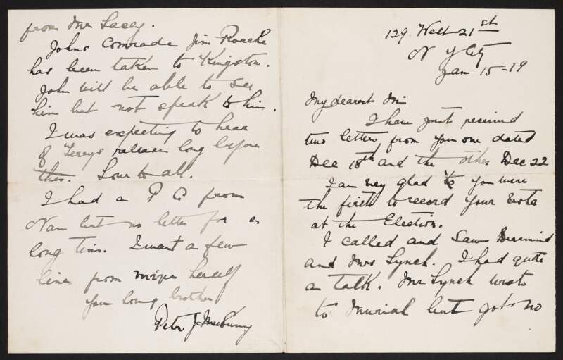 Letter from Peter MacSwiney, New York City, to his sister "Min" [Mary MacSwiney] regarding politics and the Irish general election of 1918,