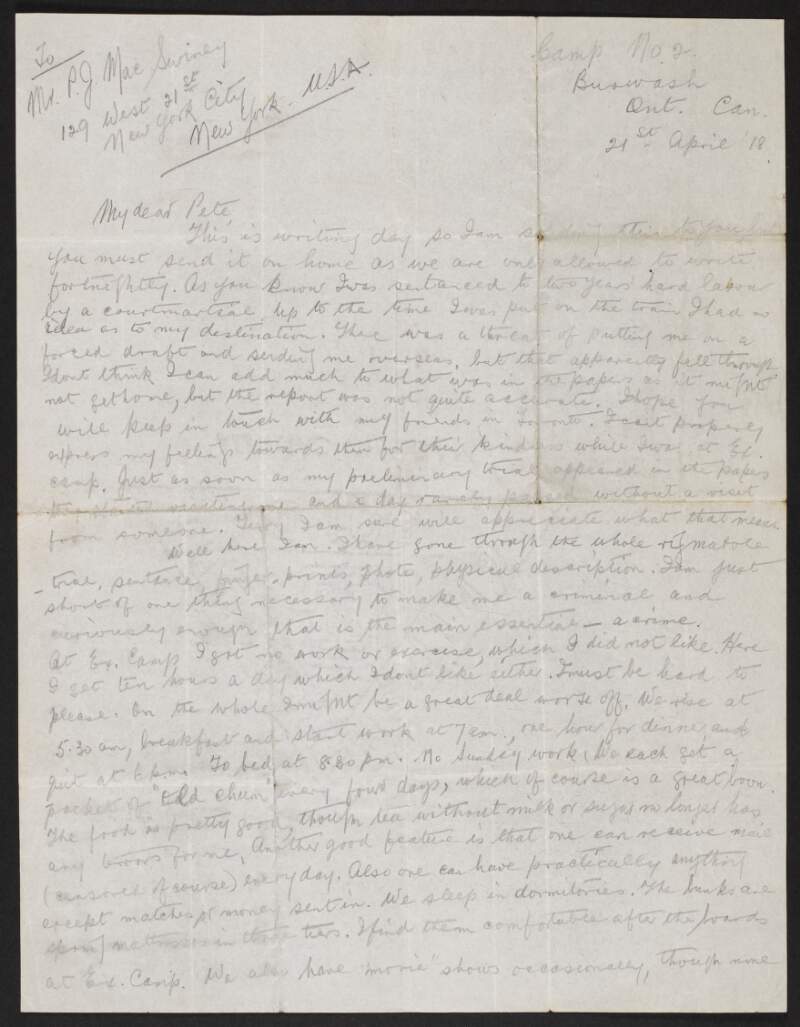 Letter from John MacSwiney to his brother Peter MacSwiney regarding his arrest and imprisonment in Canada,