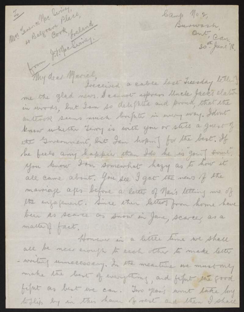 Letter from John MacSwiney, Canada, to Muriel MacSwiney regarding lack of letters from home and wondering where Terence MacSwiney is,