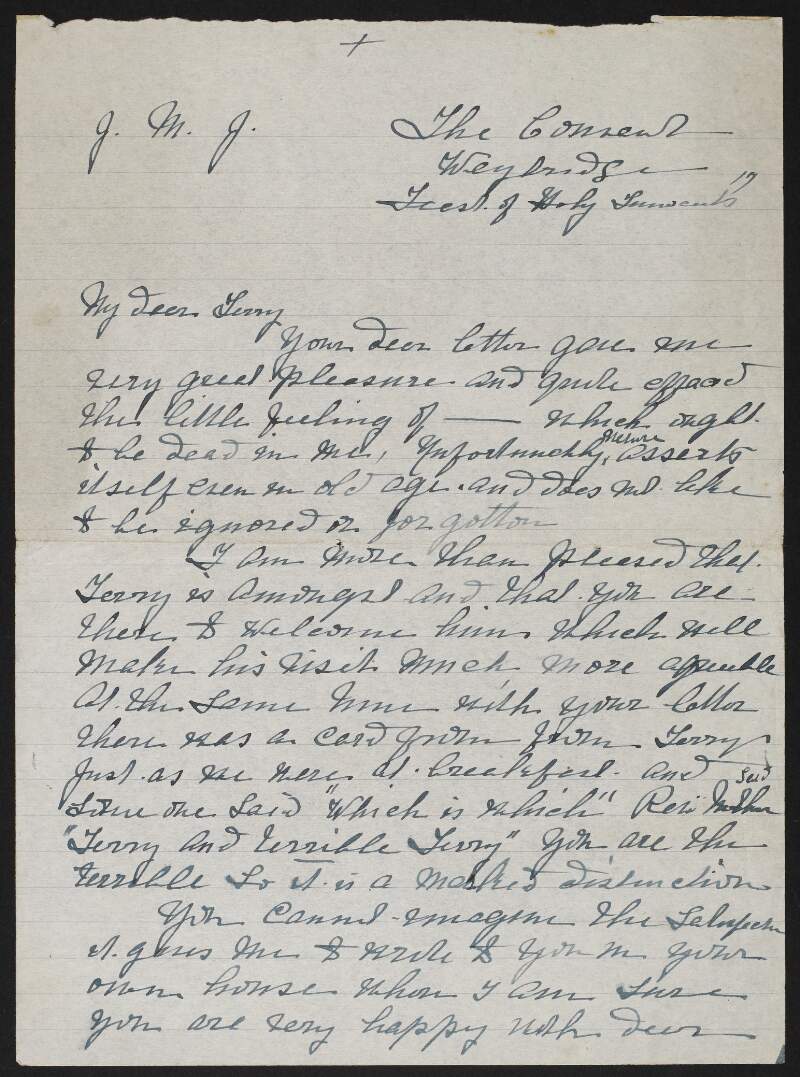 Letter from Sr. St. Augustine, Weybridge Convent, England, to her nephew Terence MacSwiney regarding personal and family matters,