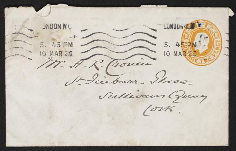 Envelope addressed to Fred Cronin, sent from Aldridges, St. Martin's Lane, London.,