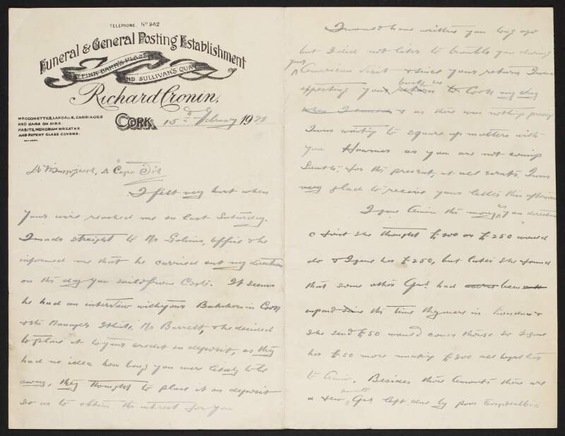 Draft letter from Fred Cronin to Muriel MacSwiney regarding her financial situation,