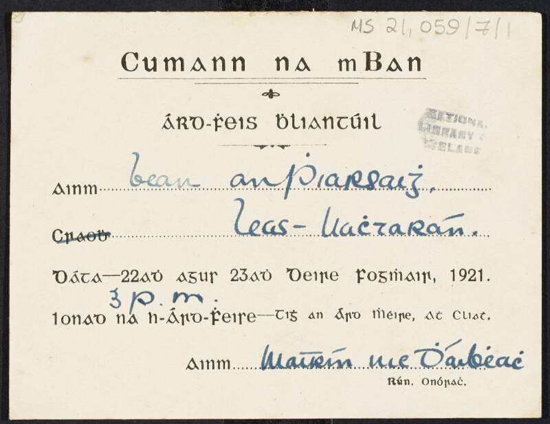 Admission card belonging to Margaret Pearse for the Cumann na mBan, annual Árd Fheis, signed by Máirín Nic Dáibhéach [Mary Davitt],